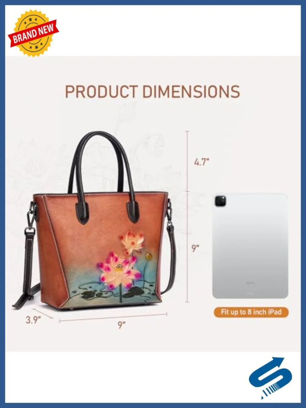 Genuine Leather Hand-Embossed Lotus Floral Satchel Bag with Detachable